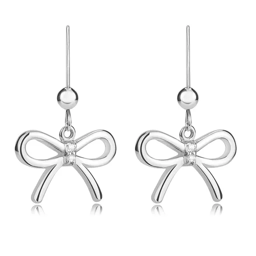 Stříbrné náušnice 925 - mašličky s visacími stuhami, dva čiré diamanty uprostřed, afro háček