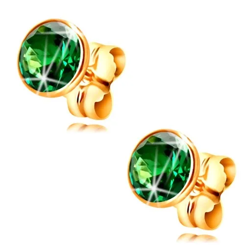 Zlaté náušnice 585 - kulatý smaragdově zelený zirkon v objímce, 5 mm