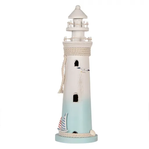 Bílo-modrá dřevěná dekorace maják Lighthouse Nautic - Ø 13*42 cm Clayre & Eef