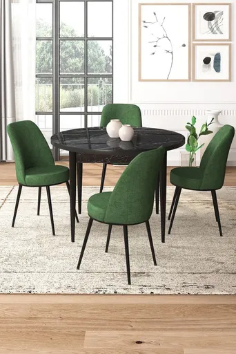 Dining Table & Chairs Set (5 Pieces) Tor - Black Marble, Khaki