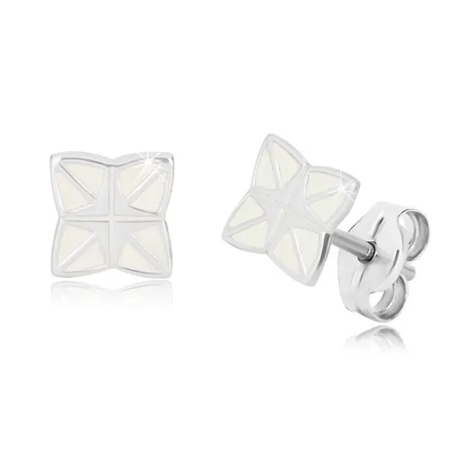 Stříbrné 925 náušnice - čtyřcípá hvězda s křížem uprostřed, bílá glazura