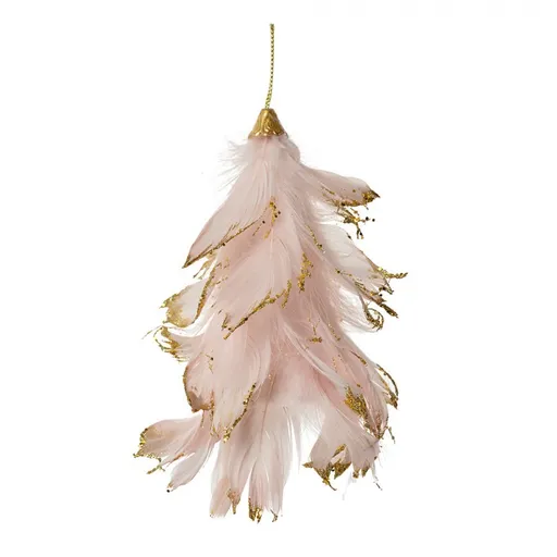 Růžový závěsný peříčkový stromek se zlatým třpytem - 14*11*7 cm Clayre & Eef