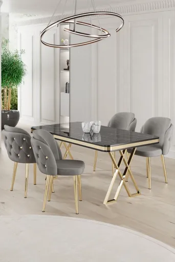 Dining Table & Chairs Set (5 Pieces) Rigel - Black Marble, Gold, Grey
