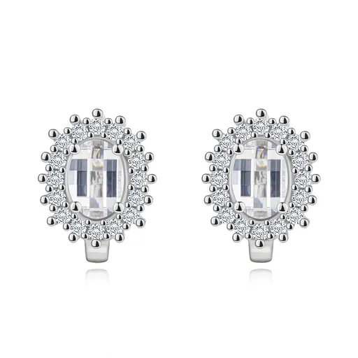 Rhodiované náušnice, stříbro 925, čirý broušený zirkonový ovál, blýskavá kontura