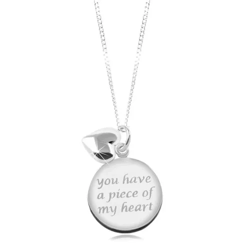 Náhrdelník ze stříbra 925, lesklý řetízek, kruhová známka s nápisem, srdíčko