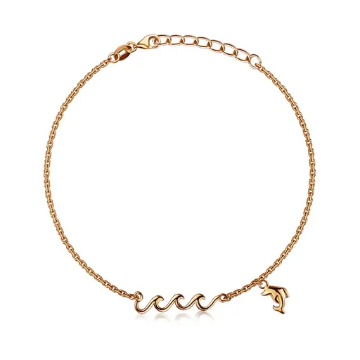 Nastavitelný stříbrný náramek 925 - měděná barva, mořská vlna, delfín