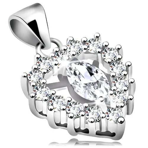 Stříbrný přívěsek 925, čirá blýskavá kontura srdíčka s úzkým zrnkem uprostřed