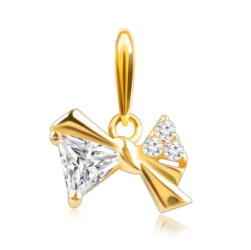 Přívěsek ze žlutého 14K zlata - třpytivá asymetrická mašlička se zirkony