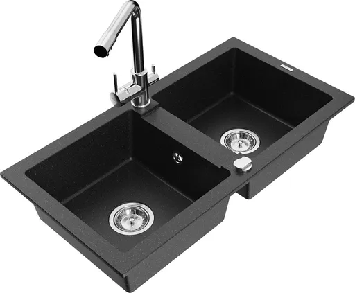 MEXEN/S Mario granitový dřez 2-bowl včetně baterie Duero, černá/stříbrná metalik 6504-73-671600-00