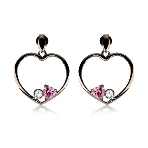 Náušnice ze stříbra 925, ocelově šedý obrys srdce, růžové srdce, čirý zirkon