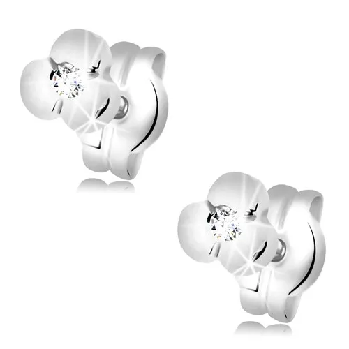 Zlaté náušnice 585 - lesklý kvítek s čirým zirkonem uprostřed, bílé zlato