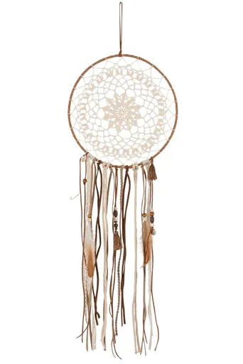 Hnědý lapač snů s korálky a peříčky Boho - Ø 25*78cm J-Line by Jolipa