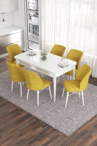 Extendable Dining Table & Chairs Set (7 Pieces) Eva - White, Mustard