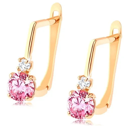 Zlaté náušnice 14K s růžovým a čirým zirkonem