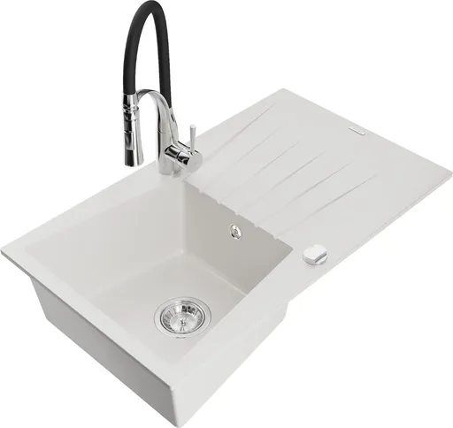 MEXEN/S Cesar granitový dřez s odkapávačem včetně baterie Aster, bílá 6514-20-73450-07