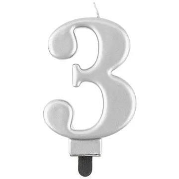 Narozeninová svíčka na dort - 3 - metalická stříbrná - 8 cm (5902973124514)