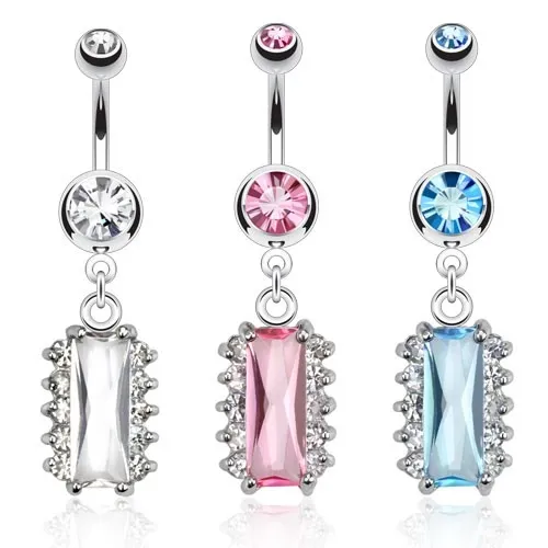 Piercing do břicha z oceli, obdélníkový zirkon a menší čiré kamínky - Barva zirkonu: Aqua modrá - Q