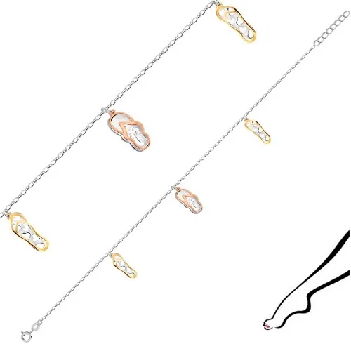 Stříbrný náramek na nohu 925 - plážové žabky, oválná očka, perový kroužek