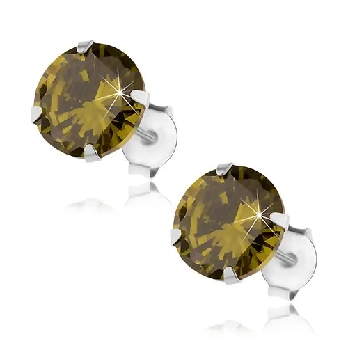 Stříbrné 925 náušnice, kulatý blýskavý zirkon zelené barvy, 8 mm