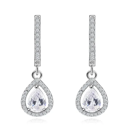 Náušnice ze stříbra 925, čirý slzičkovitý zirkon ve třpytivém obrysu