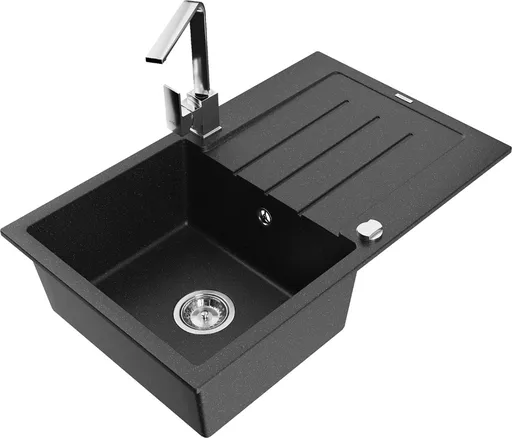 MEXEN/S Bruno granitový dřez 1-miska s odkapávačem včetně baterie Rita, černý/stříbrný metalik 6513-73-670300-00