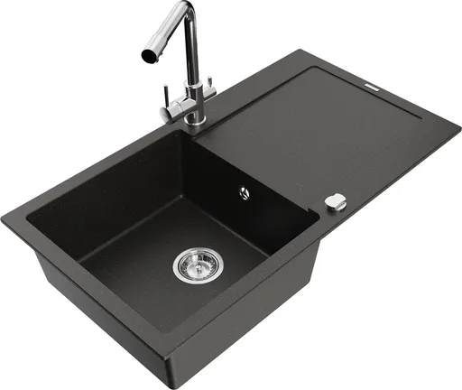 MEXEN/S Leo granitový dřez s odkapávačem včetně baterie Duero, černá/zlatá metalik 6501-75-671600-00