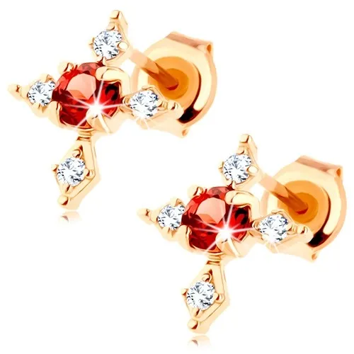 Náušnice ze žlutého 14K zlata kříž s granátem a zirkony