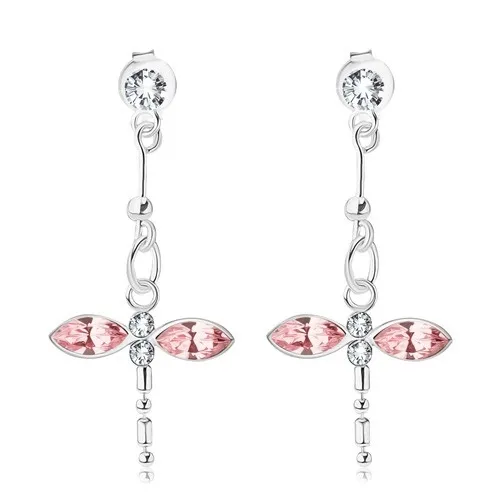 Stříbrné náušnice 925, visící růžovo-čirá vážka, krystaly Swarovski