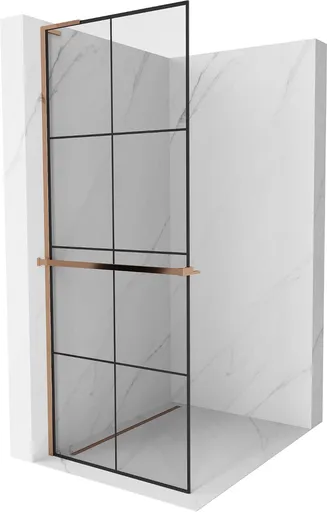 MEXEN/S Kioto+ L Sprchová zástěna WALK-IN s poličkou a držákem ručníků 70 x 200, černý vzor, růžové zlato 800-070-123-60-77
