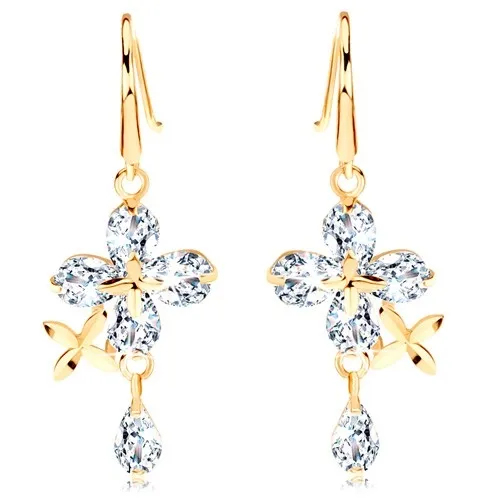 Zlaté náušnice 585 - čirý zirkonový květ, malé lesklé kvítky a čirá kapka