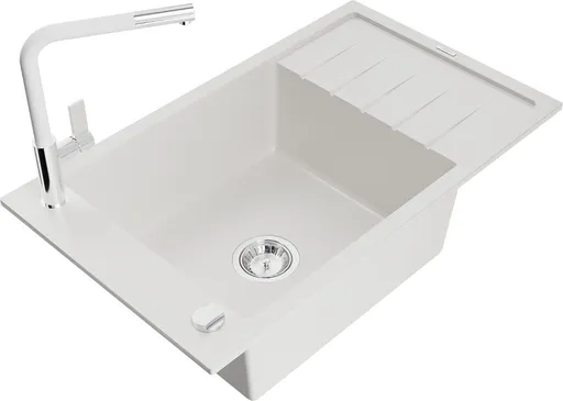 MEXEN/S Elias granitový dřez 1 s odkapávačem včetně baterie Flora, bílá 6511-20-670401-02