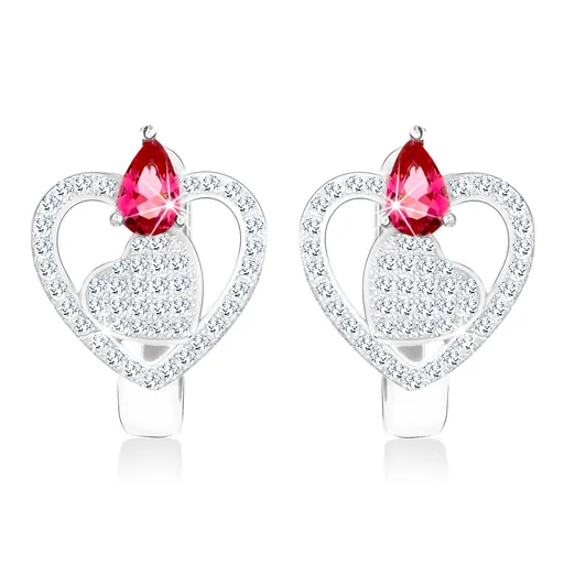 Náušnice ze stříbra 925, obrys srdce a plné srdíčko, čiré zirkony, růžovo-červená červená kapka
