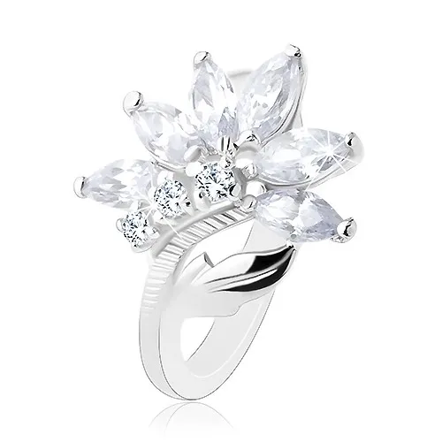 Prsten s lesklými rameny, třpytivý zirkonový květ čiré barvy, lístek - Velikost: 54