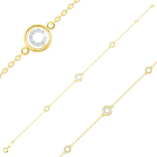 Náramek z kombinovaného zlata 585 - obrysy kruhů, čiré zirkony