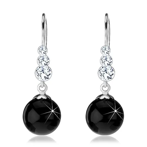 Stříbrné náušnice 925, čiré kulaté krystaly Swarovski, černá kulička, afro háček