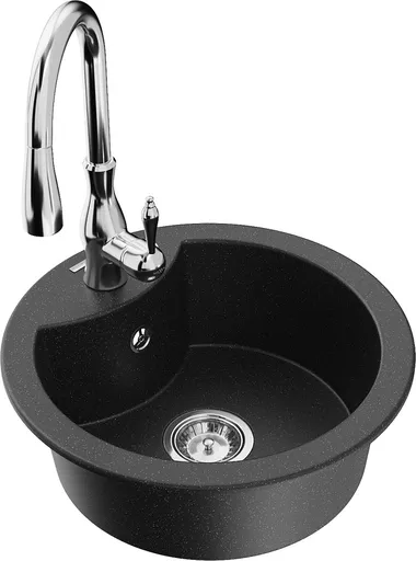 MEXEN/S Diego granitový dřez 1-miska včetně baterie Savita, černá/stříbrná metalik 6512-73-672601-00