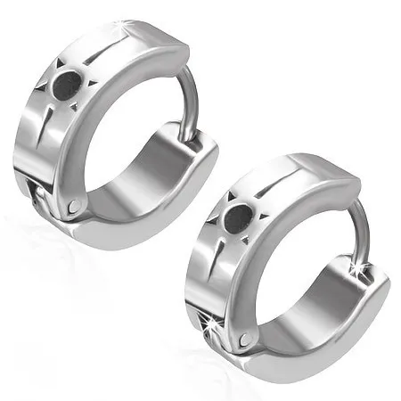 Kloubové náušnice z oceli 316L, stříbrná barva, černé sluníčko, zářez