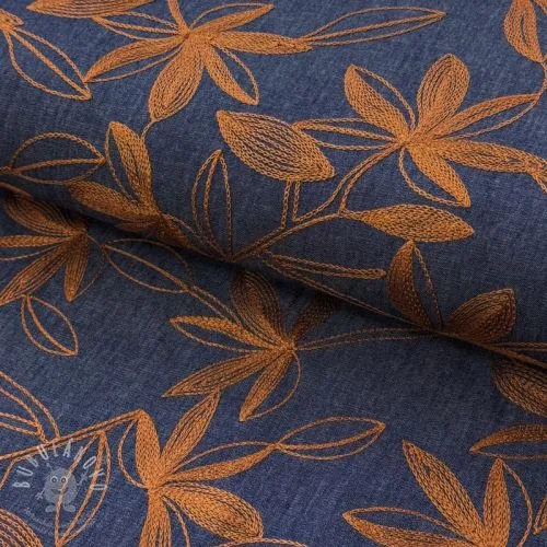 Bavlněná látka JEANS Embroidery Flowers camel