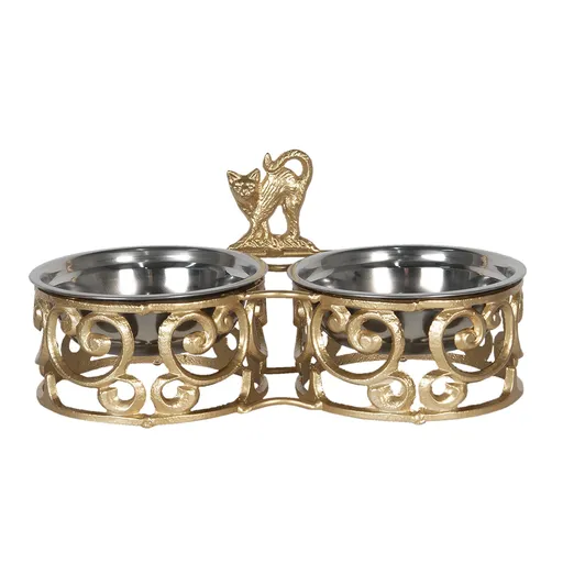 Misky ve zlatém kovovém stojanu s kočkou - 35*16*15 cm Clayre & Eef