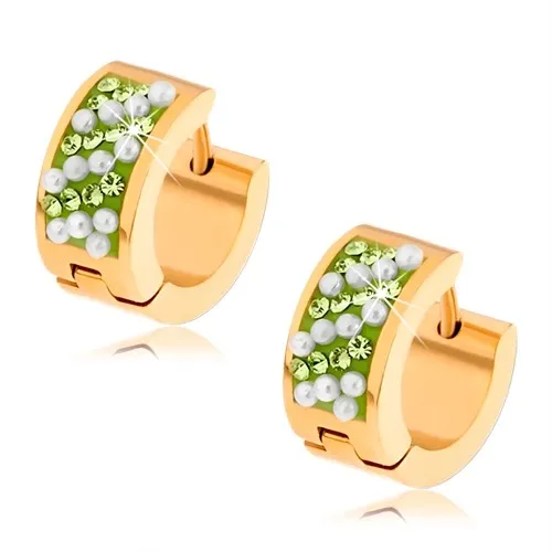 Ocelové náušnice zlaté barvy, světle zelené kamínky, bílé kuličky