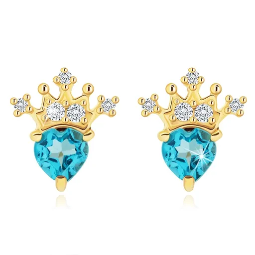 Náušnice ze žlutého zlata 14K se srdcovým topasem a korunkou