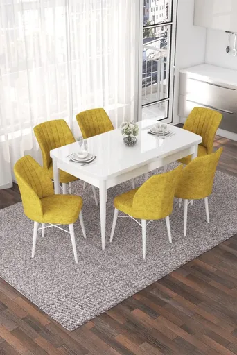 Extendable Dining Table & Chairs Set (7 Pieces) Nef - White, Mustard