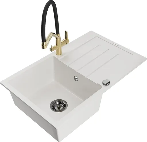 MEXEN/S Bruno granitový dřez s odkapávačem včetně baterie Duo, bílá 6513-20-671701-57-B