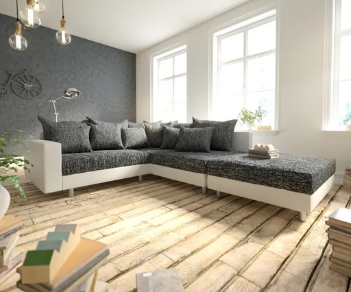 Rohová pohovka Clovis bílá černá taburet Područka lenoška pravá