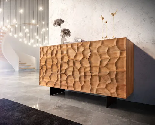 Komoda Solu 145 cm přírodní akácie 2 dvířka 3 zásuvky 3D