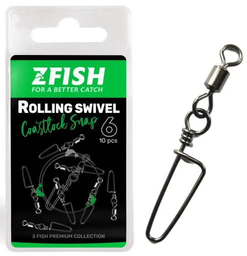 Zfish obratlík s karabinou rolling swivel & coastlock snap 10 ks - velikost 14 nosnost 15 kg