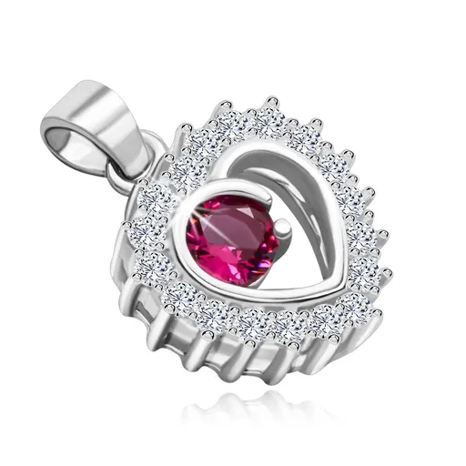 Stříbrný přívěsek 925 - tmavě růžový zirkon obklopený konturou srdce s čirými zirkony