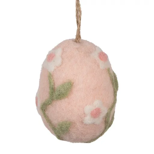 Růžové závěsné plstěné vajíčko s květy - Ø 6*8 cm Clayre & Eef