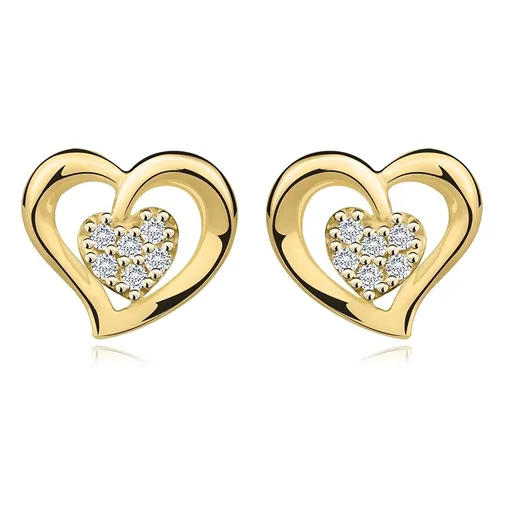 Náušnice ze žlutého 14K zlata - obrys srdce, srdce s čirými zirkony