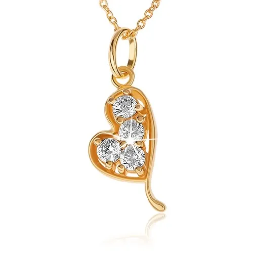 Náhrdelník ze stříbra 925, zlatá barva, asymetrické srdíčko, čiré zirkony